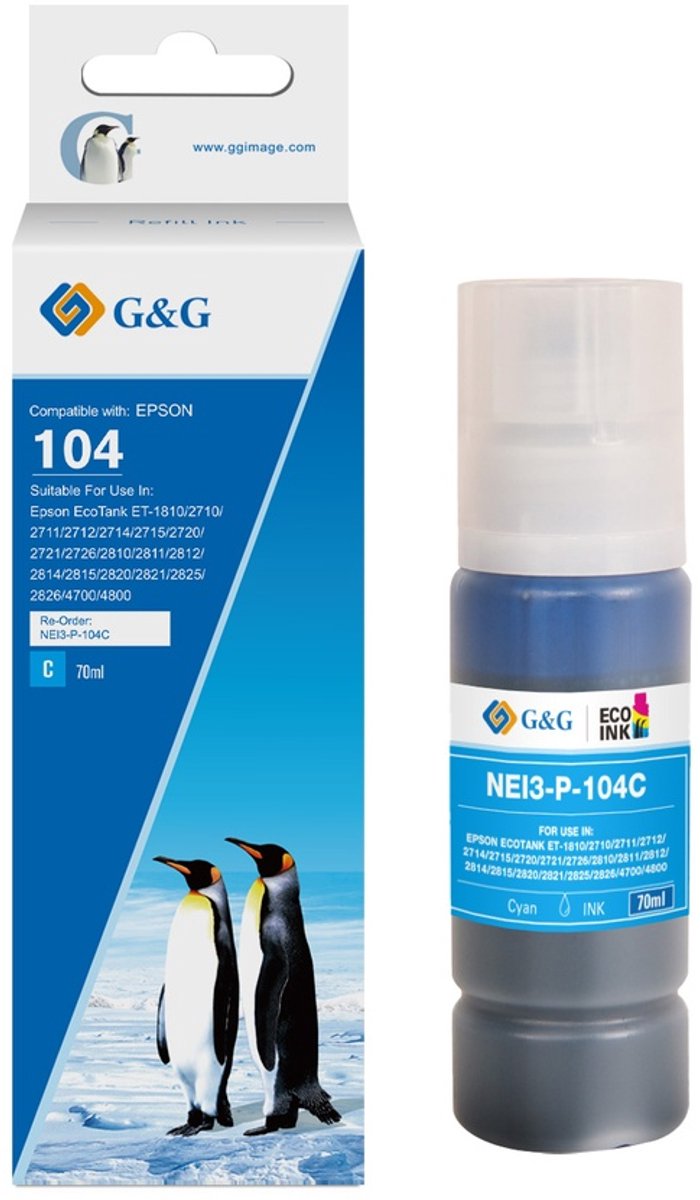 G&G 104 XL Inkt Geschikt voor Epson 104 EcoTank Inktflessen -Cyaan - Hoge Capaciteit