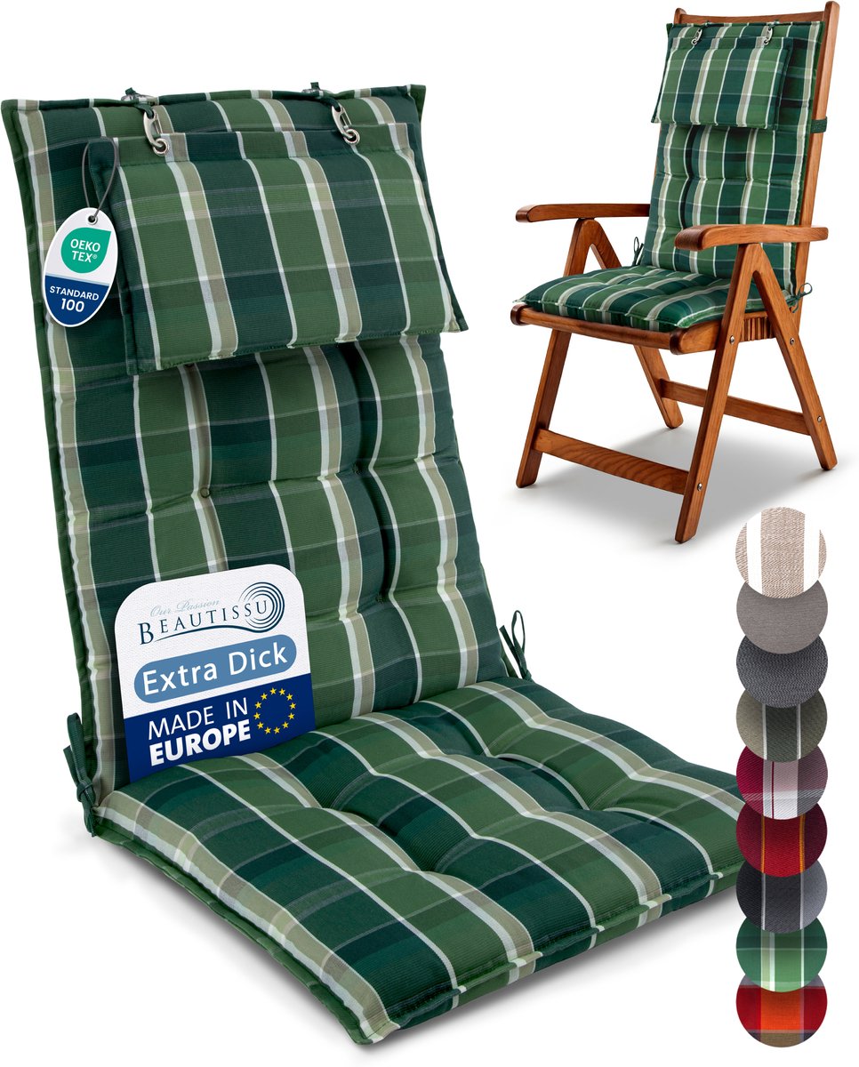 Beautissu Sun-HL -Premium Hoge Rugleuning Kussen met Hoofdkussen 120x50 cm – UV-bestendig & 8cm Dik Kussen Tuinstoelkussen Antislip Bevestigingsbanden – Stevige Stof Groen geblokt
