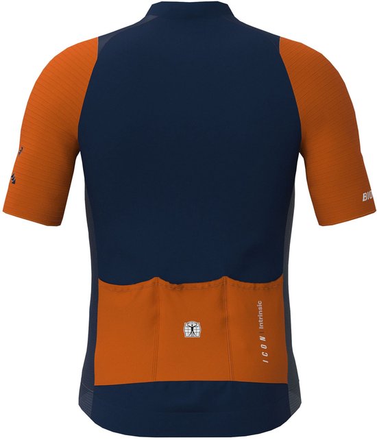 Arrière d'un maillot de cyclisme bleu marine avec manches et poches arrière couleur cuivre. Logo 'BIORACER' argenté sur la manche.