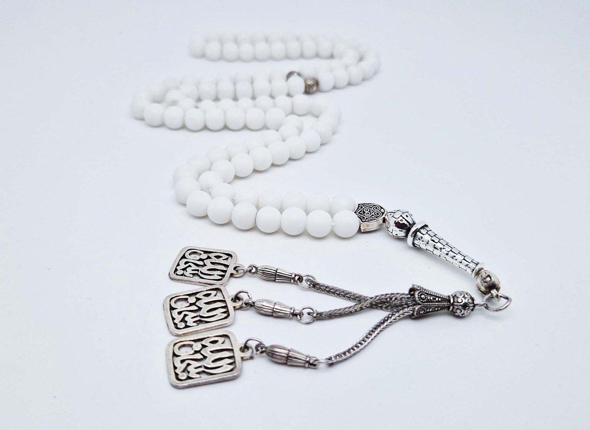 Handgemaakte tesbih "Tasbih" natuursteen "Mat Witte agaat" - Aantal kralen 99 - Diameter kralen 8MM - met metaal tassel "Subhan Allah" - Een mooi cadeau-idee