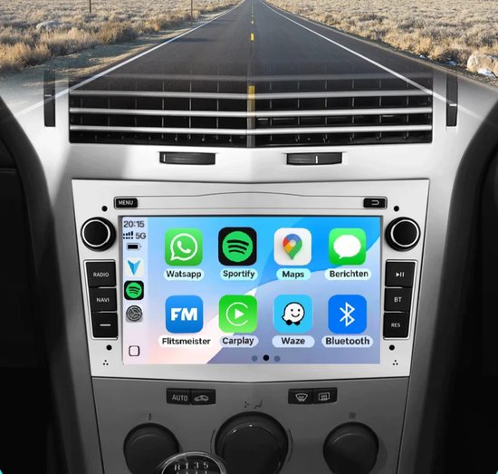 Autoradio met touchscreen, apps: Watsapp, Sportify, Maps, Berichten, FM, CarPlay, Waze, Bluetooth.
