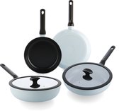 Bol.com BK Enjoy 4-delige Set - Lichtblauw - Koekenpan 24/28cm - Hapjespan met deksel - Wokpan 28cm - PFAS vrij - koelgrepen - o... aanbieding