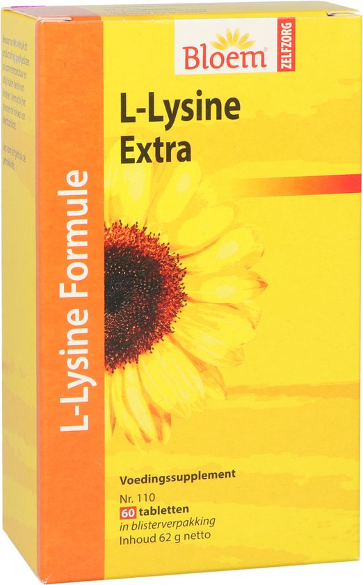 Gele verpakking met zonnebloem, teksten L-Lysine Extra, Bloem Zelfzorg, voedingssupplement, 60 tabletten.