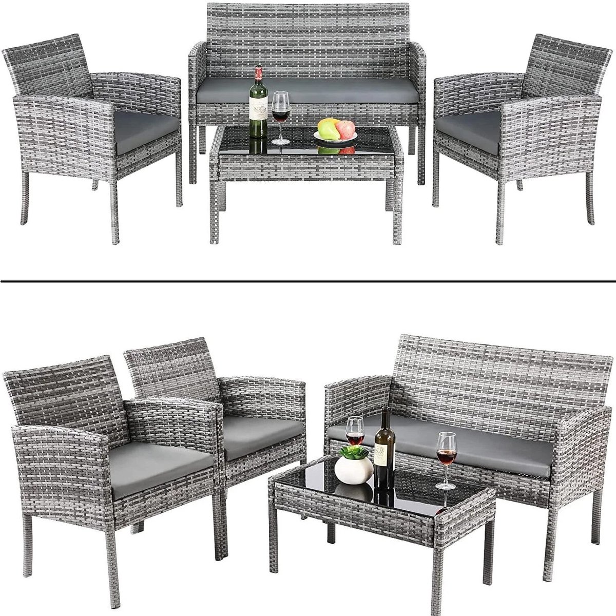 Hanimo Tuinmeubel Set - Loungeset - Loungeset Tuinmeubels - Inclusief Bank, 2 Stoelen, Tafeltje En Kussens - Grijs