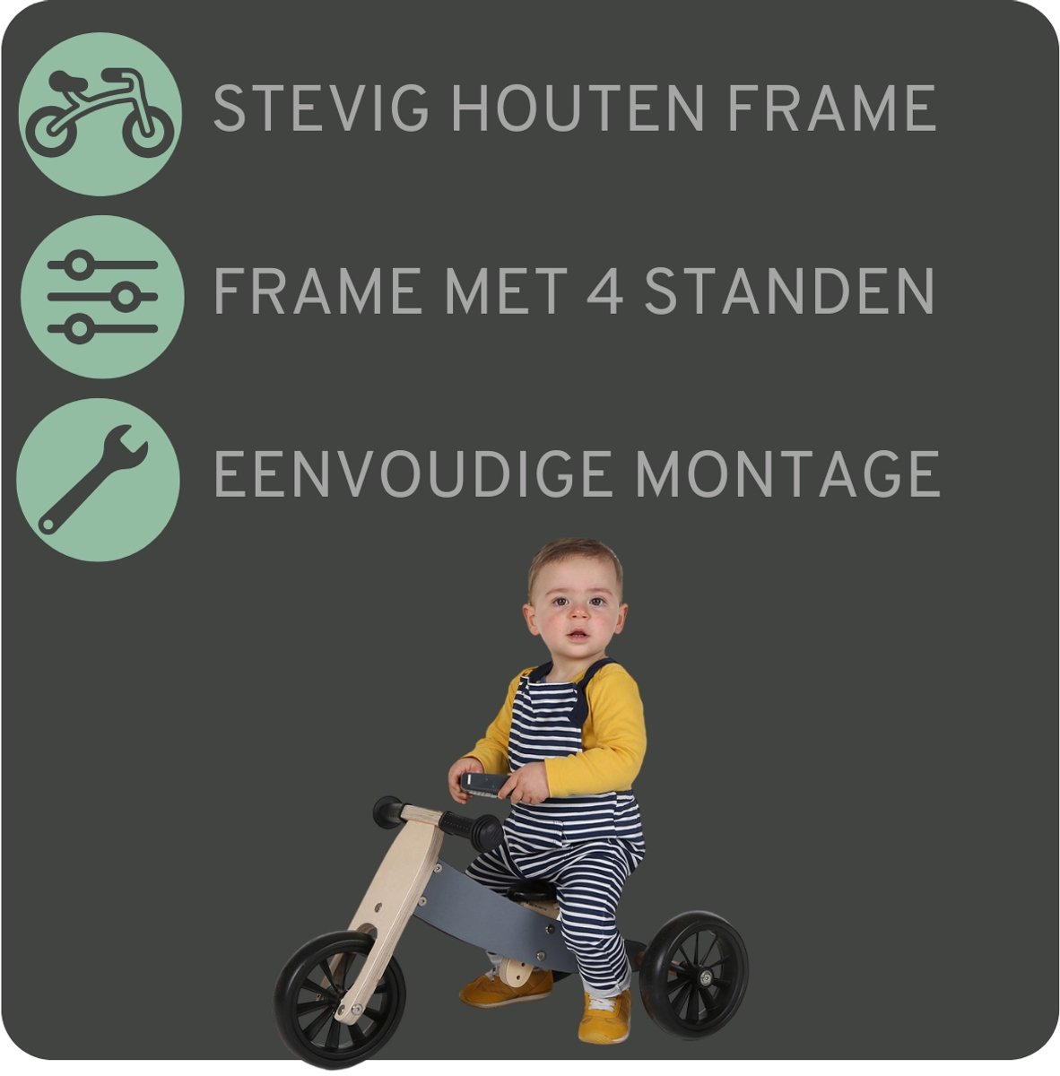 Bandits & Angels Smart Bike Loopfiets Hout 4-in-1 Grijs vanaf 1 jaar - Voor Jongens en Meisjes - Houten Loop Fiets - Omkeerbaar in Driewieler en Tweewieler - Verstelbaar Zadel — afbeelding 6