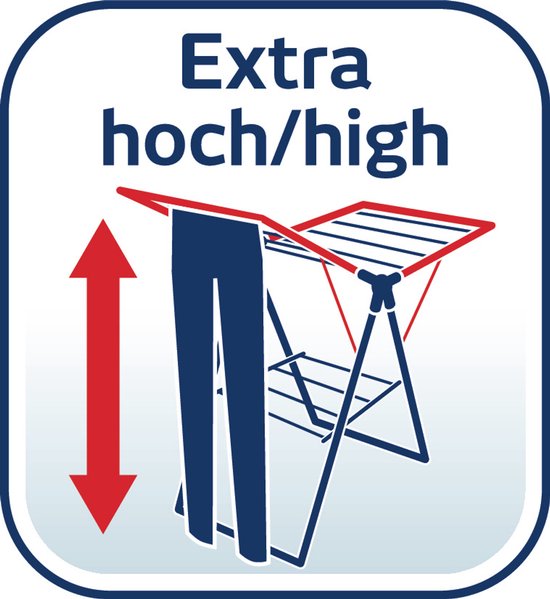 Logo: "Extra hoch/high" met pijl die de hoogte aangeeft van het droogrek met hangende broek.