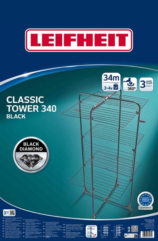 Verpakking van de Leifheit Classic Tower 340 droogtoren, zwart. Met 34m drooglengte en 3 jaar garantie.
