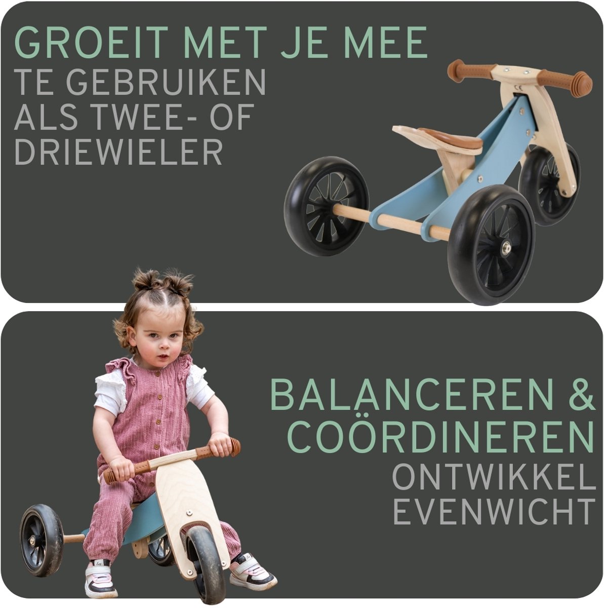 Bandits & Angels Smart Bike Loopfiets Hout 4-in-1 Petrol Blauw vanaf 1 jaar - Voor Jongens en Meisjes - Houten Loop Fiets - Omkeerbaar in Driewieler en Tweewieler - Verstelbaar Zadel — afbeelding 4