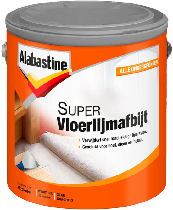 Alabastine Super Vloerlijmafbijt emmer, oranje met wit en grijs deksel. Tekst: 'Super Vloerlijmafbijt'.