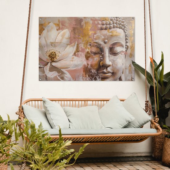 Affiche de jardin 120x80 cm - Décoration de jardin Bouddha - Bloem - Or - Rose - Abstrait - Affiche pour le jardin - Décoration extérieure - Tableau de jardin clôture - Décoration murale sur toile de jardin - Décoration murale sur toile de balcon