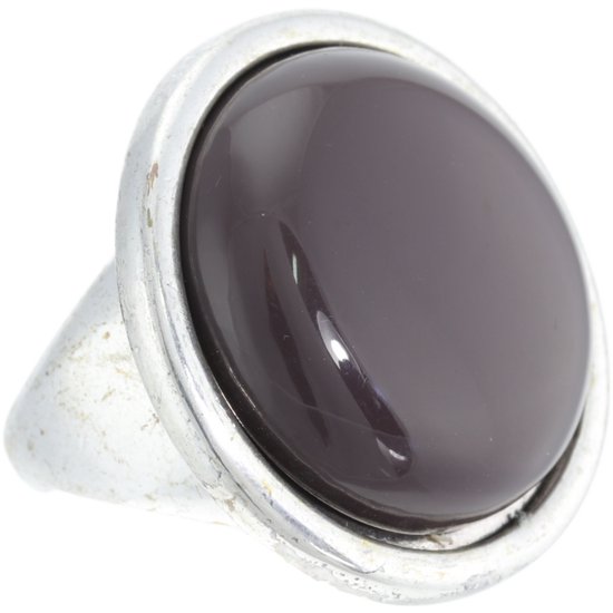 Behave - Ring - Bague Vintage argentée avec pierre ovale en plastique gris-brun foncé - luxe subtil
