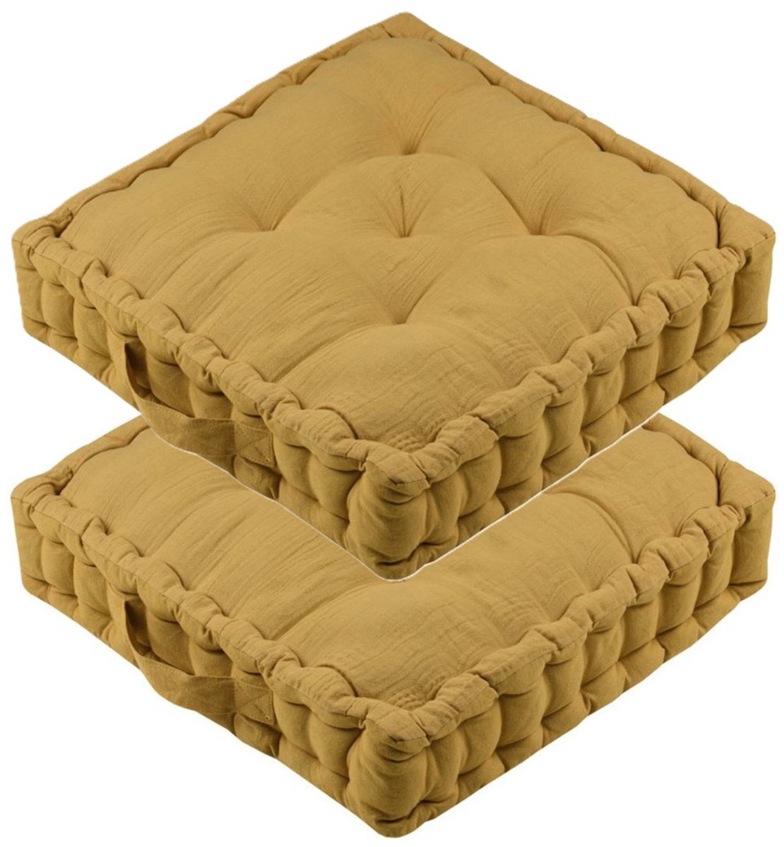 Stof Textile Vloerkussen Maxime - 2x - okergeel - katoen - 45 x 45 x 10 cm - vierkant - Extra dik - extra zitplaatsen - spelen - gamen - relaxen