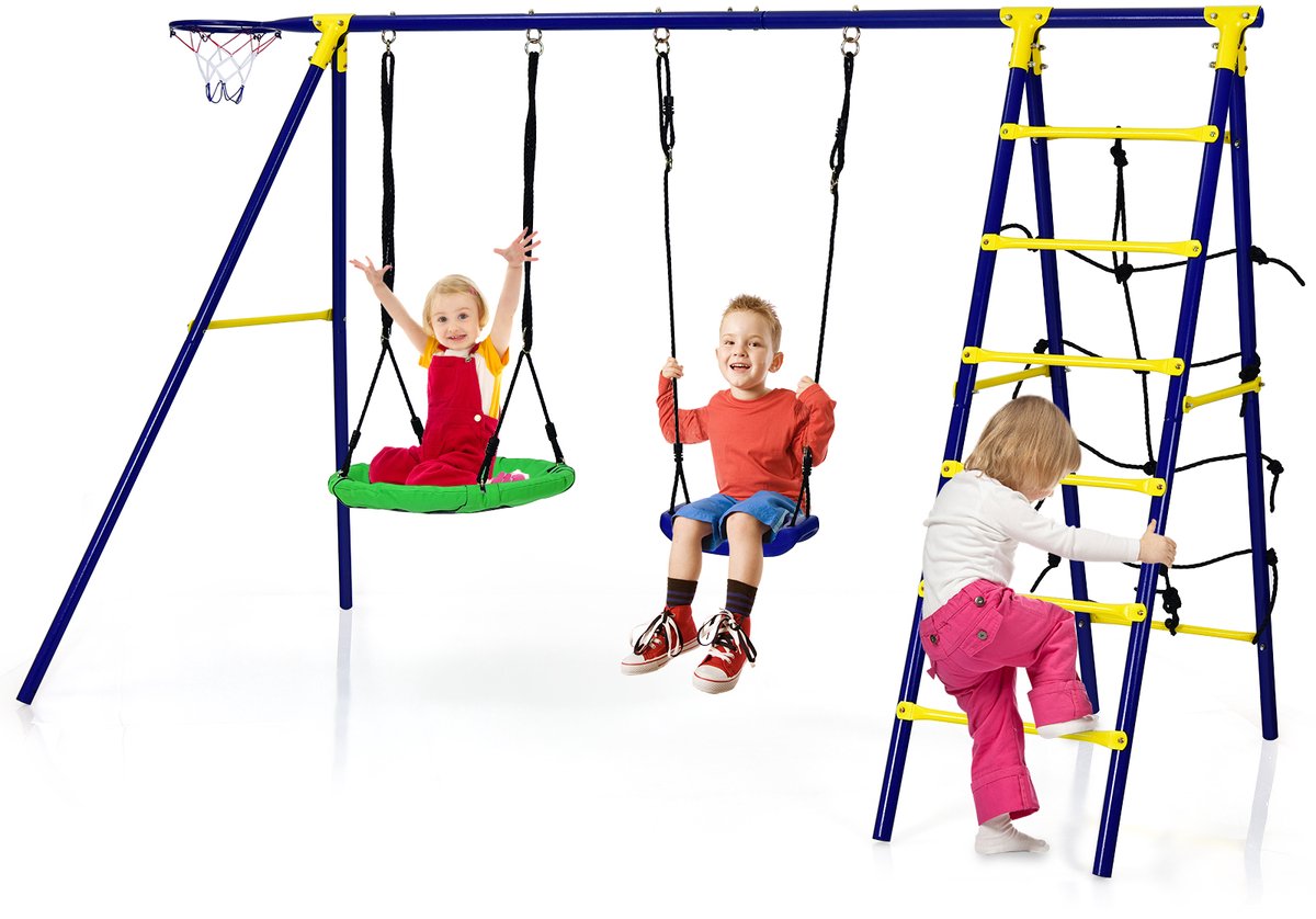 COSTWAY 5-in-1 schommelset met 2 schommels, basketbalmand, klimnet en klimladder, kinderschommel met frame, tuinschommel, schommelframe met dubbele schommel voor tuin, erf
