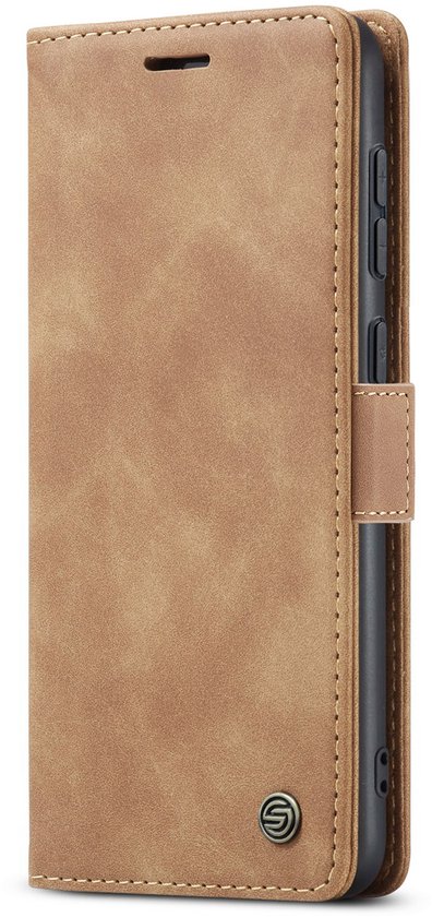 Bruin portemonnee hoesje met magneetsluiting en stiksels.