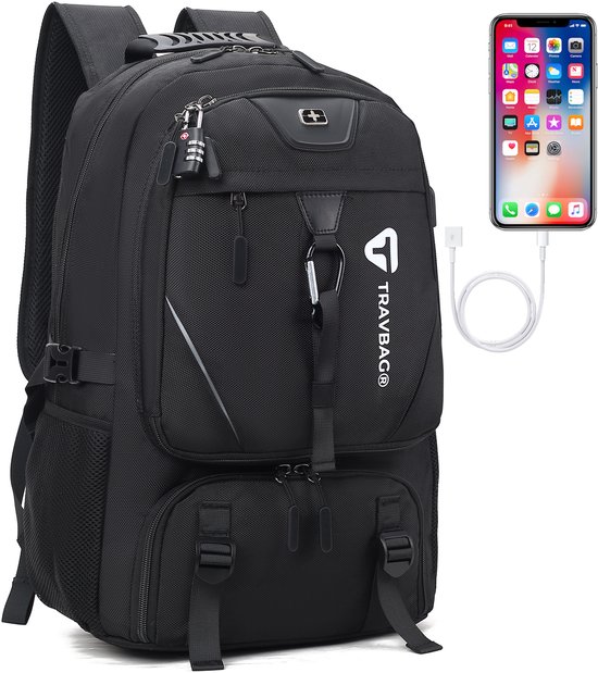 TravBag® - Rugtas - Rugzak - Hike Tas - 65 Liter - Met Reis Slot - Backpack Reistas - Ook Geschikt als School Tas - Grote Capaciteit - Comfort - Anti diefstal - Laptop - 17.3 inch - Waterafstotend - Veel Opbergruimte - USB Oplaadpoort - Schoenen vak
