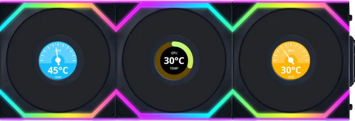 Lian Li UNI FAN SL Wireless LCD Reverse Blade Black - Ventilatorhuis 3-pack - 120mm - 350 - 1900 rpm - 31 dBA - 4-pin PWM - Lian Li L-Connect - ARGB - zwart