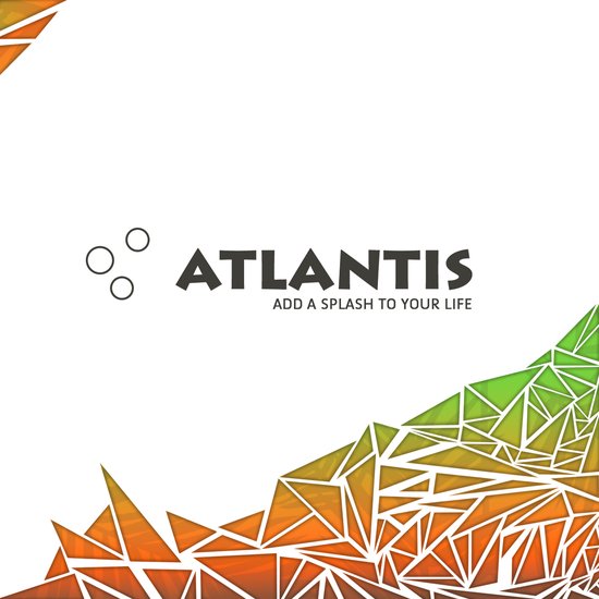 Atlantis logo met abstracte geometrische vormen in oranje en groen.