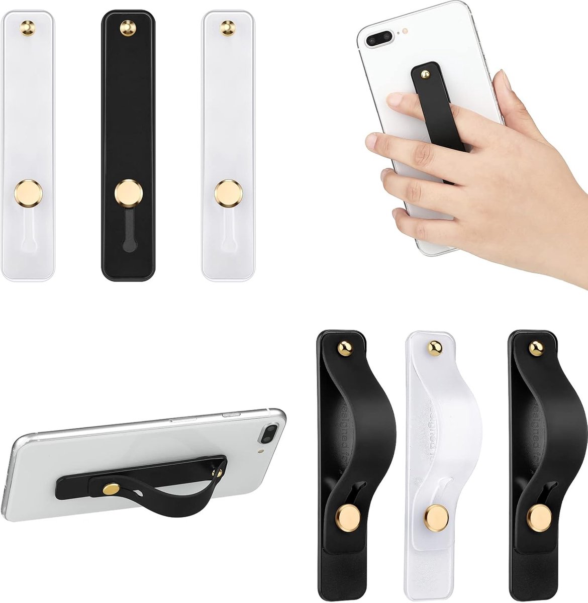 6 stuks - Telefoonhouder - Telefoonriem - Intrekbare telefoonhouder - Universele vingerhouder - Past op de meeste smartphones - Eenvoudig te installeren - Wit en zwart