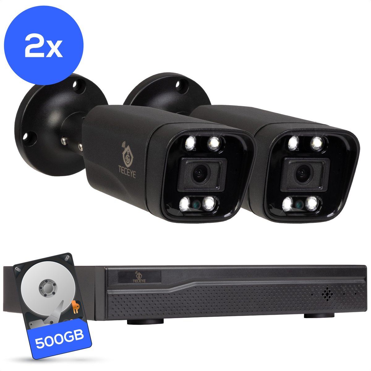 Teceye Compleet Camera Beveiliging Set met 2x POE Camera - Beveiligingscamera - Beveiligingscamera binnen - Beveiligingscamera buiten - CCTV Camera systeem - Beveiligingscamera set - Bewakingscamera set