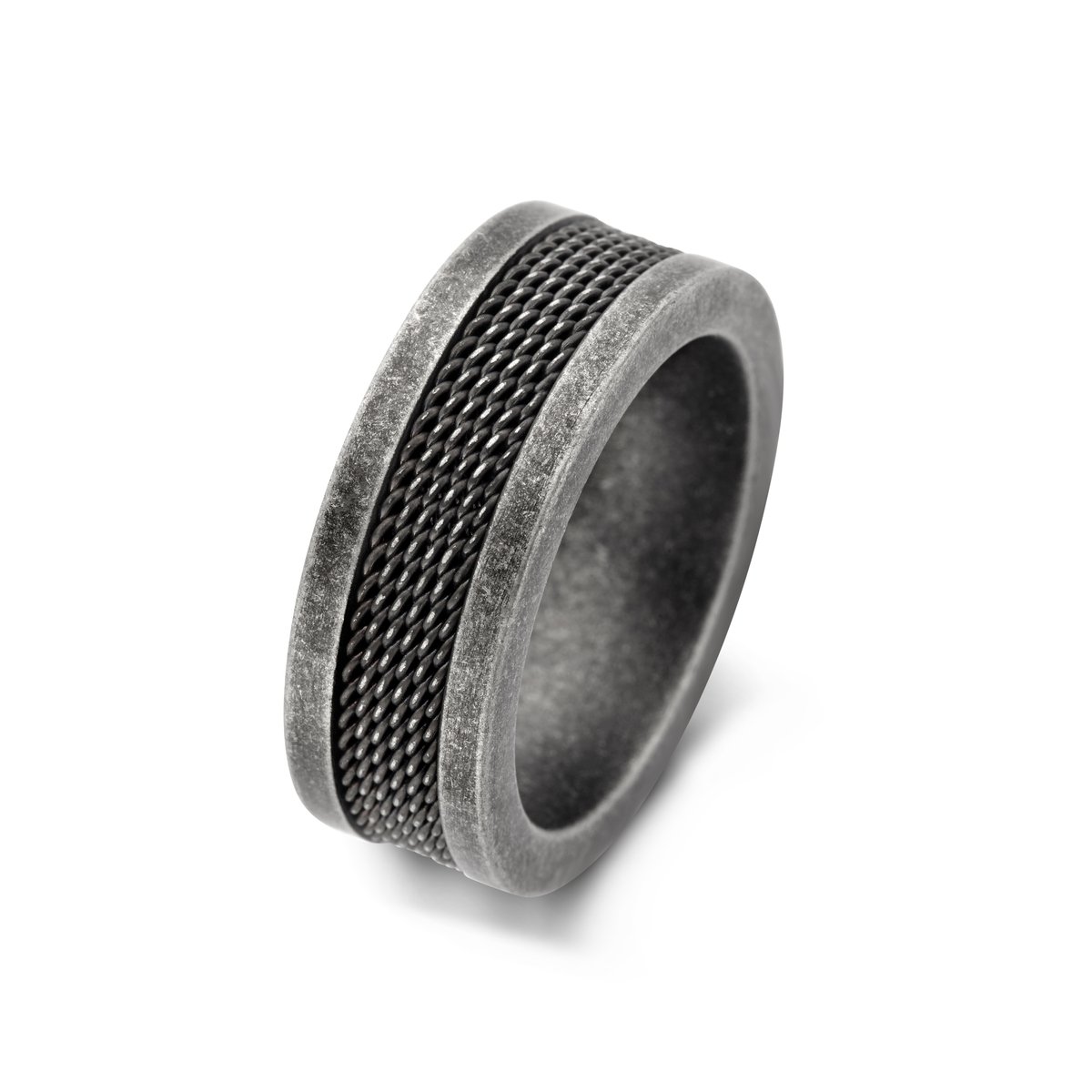 Frank 1967 7FR-0018-61 Stalen Herenring - Bewerkt - 8mm Breed - Maat 61 - Staal - Vintage - Zwart