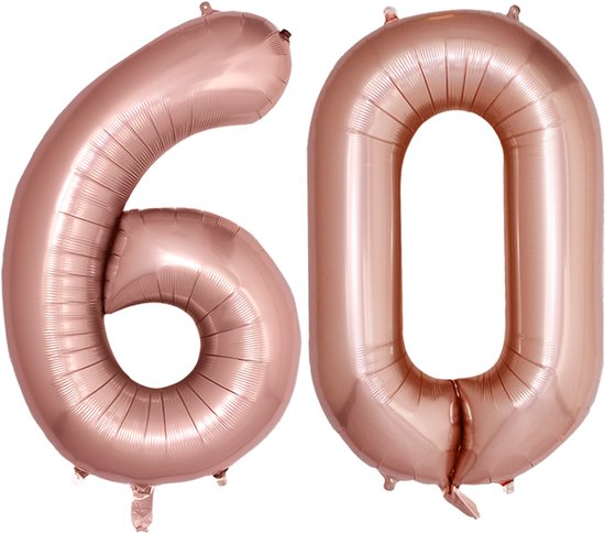 Folie Ballon Cijfer 60 Jaar Rose goud Verjaardag Versiering Helium Cijfer Ballonnen Feest versiering Met Rietje - 86Cm