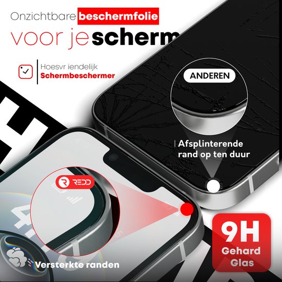 Twee iPhones, één met een gebroken scherm en één met een 9H gehard glazen screenprotector.