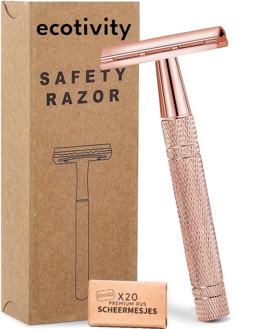 Ecotivity Safety Razor + 20 Scheermesjes Aluminium Rose Gold Voor Vrouwen Dames Scheermes Veiligheidsscheermes