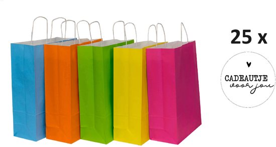 25 x Sacs en papier Kraft Mix 1 Couleurs 18x8x22cm Avec Poignée et Autocollants Cadeau voor jou 4cm Jaune Rose Vert Bleu Orange / Sacs en papier Kraft / Sacs cadeaux avec poignées torsadées / Sacs /