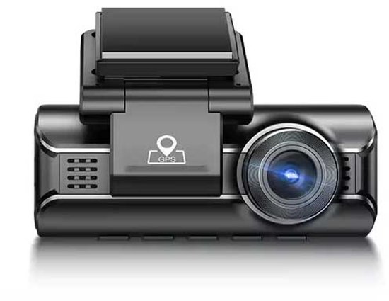 Zwart-zilveren dashcam met ronde lens en 'GPS'-logo op de voorkant.