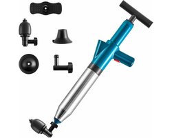 Professionele Luchtdruk Pomp Ontstopper - 4 Ontstoppingskoppen - Luchtdruk Meter - RVS - Gootsteenontstopper - Toilet - WC - Afvoer - Rioolontstopper - Ontstoppingsveer - Plopper - 0-8 Bar - Blauw