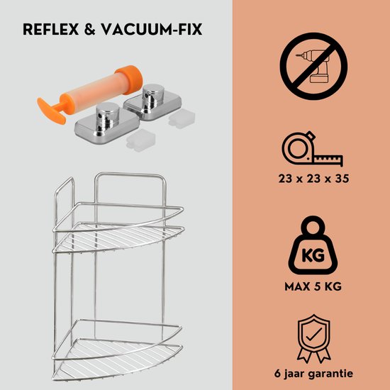 Chroomkleurig, tweelaags hoekdoucherek met Reflex & Vacuum-Fix montageset, afmetingen 23x23x35cm, max 5kg.