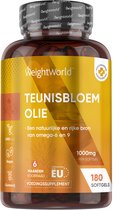 Fles WeightWorld teunisbloemolie met 180 softgels van 1000 mg, vegan en glutenvrij.