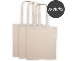 Katoenen draagtas - 36 stuks naturel canvas draagtasjes met lang hengsel - Geschikt om te bedrukken of decoreren met o.a. spuitverf, sjablonen, verfstiften, textielverf, etc.