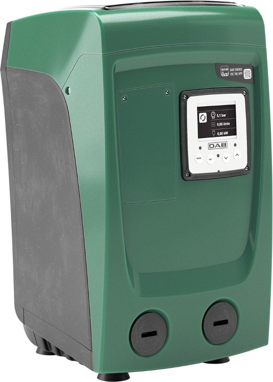 DAB Esybox Mini 3 waterdrukverhoger in donkergroen met digitaal display. De pomp heeft een strak, modern design.