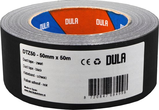 Zwarte ducttape rol van 50 mm x 50 m, met een label waarop 'Duct tape - zwart' staat.