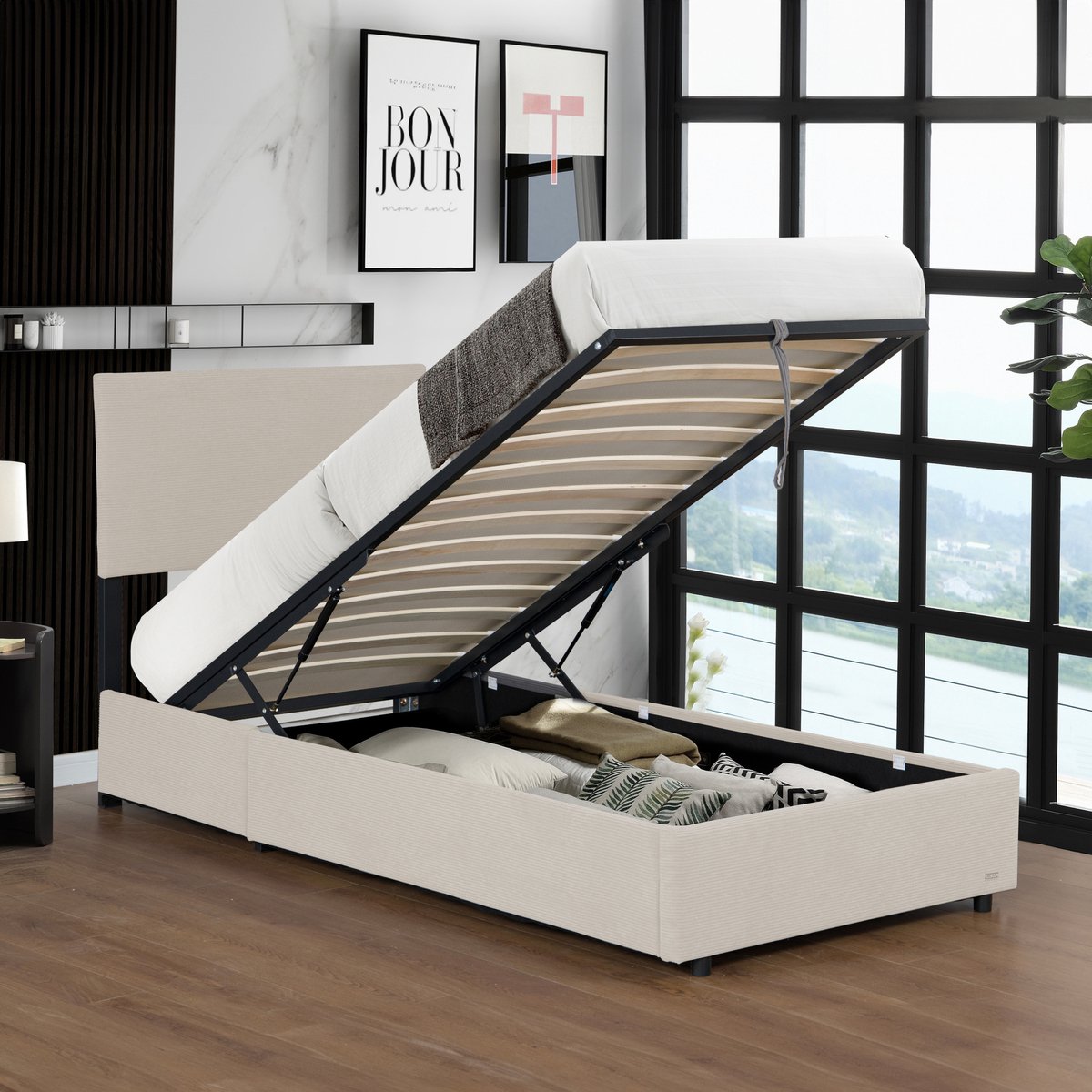 Eenpersoonsbed Juva met matras en opbergruimte 90x200 cm beige Corium