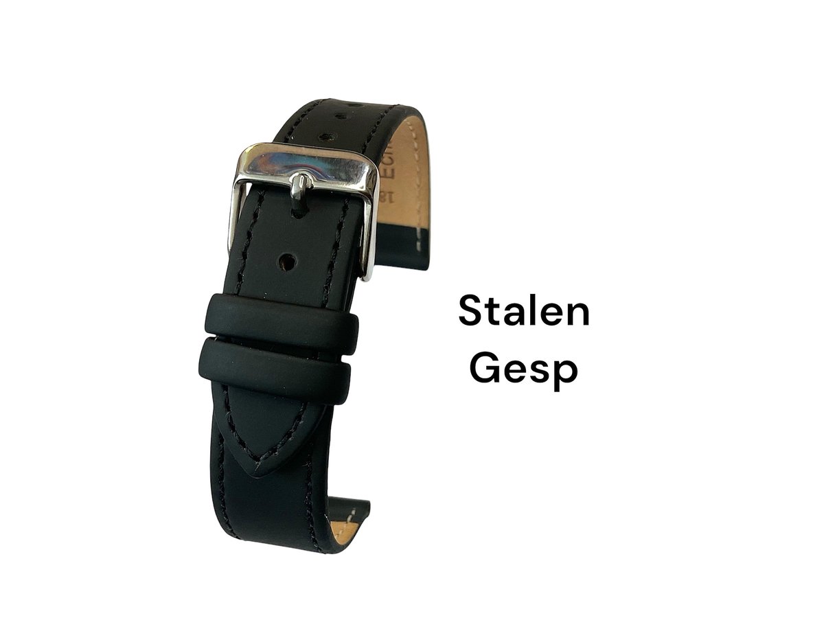 Horlogeband-horlogebandje-10mm-echt leer-zacht-mat-plat-zwart-stalen gesp-leer-10 mm