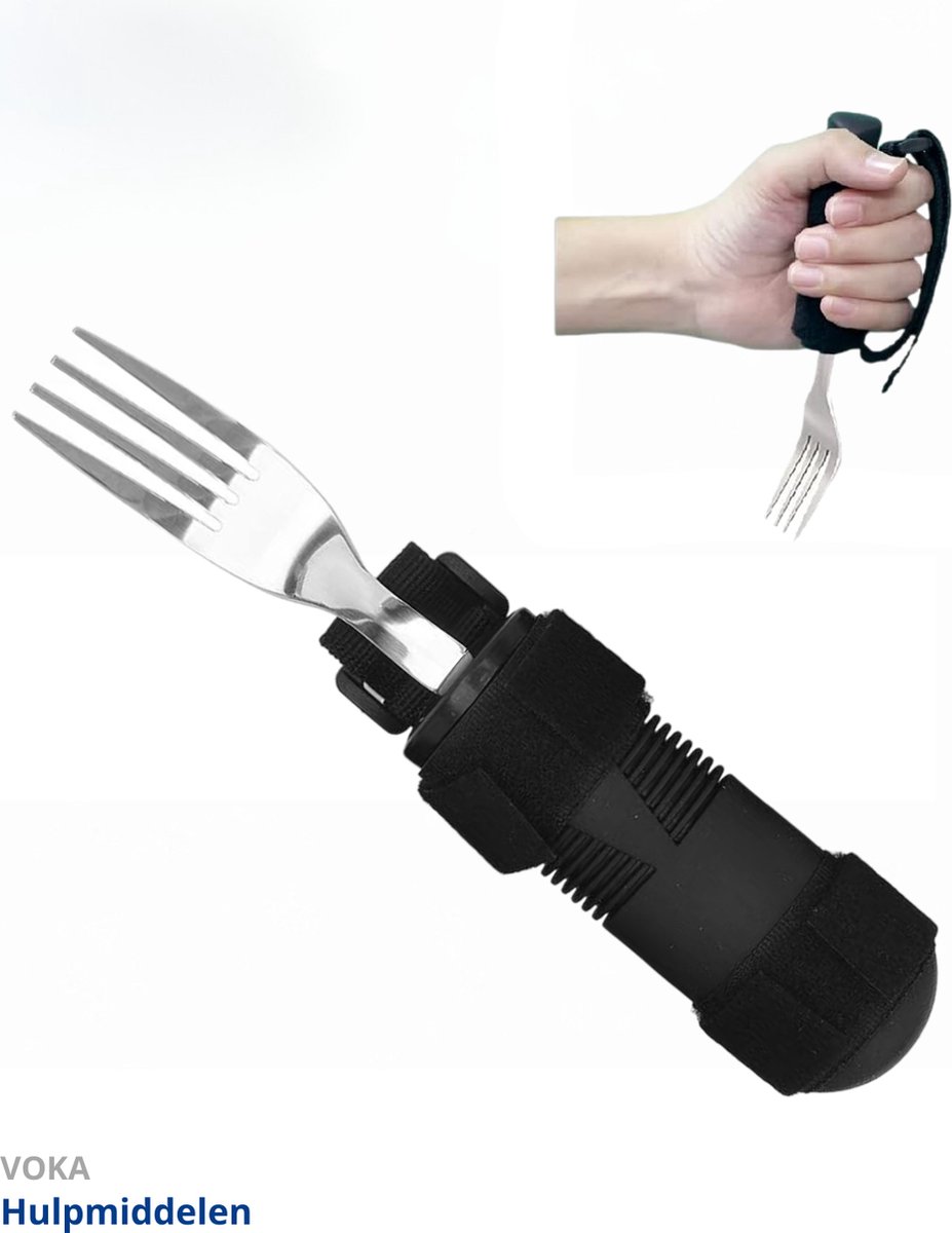Bestek met bandje - Vork - Verdikt handvat - Verdikt bestek - Reuma - Aangepast bestek - Parkinson bestek - Comfortabele soft grip - Modern - Tril bestek - Grip bestek – Zwart