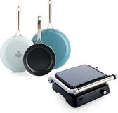 BK Sky Blue keramische inductie koekenpannenset 3-delig en contactgrill - PFAS vrij - inductie pannenset- Grill - Ovenbestendig tot 220°C – Vaatwasserbestendig – Snelle opwarming – RVS handgrepen - Blauw - Vaderdag cadeaupakket