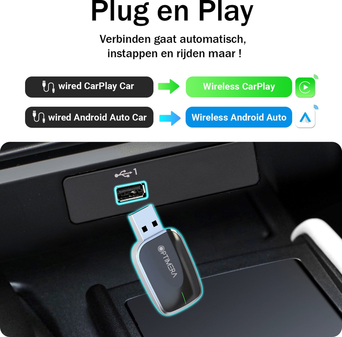 OPTIMERA 2-in-1 Draadloze CarPlay Dongle MINI – Apple CarPlay & Android Auto Adapter USB-C, Plug & Play - Afbeelding 3