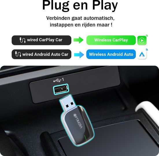 Optimera dongle aangesloten op een USB-poort in een auto. 'Plug en Play' met opties voor draadloze CarPlay en Android Auto.