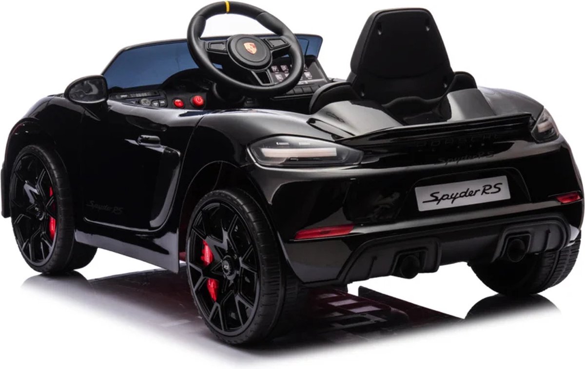 Porsche Spyder RS Zwart, 12V kinder accu auto, rubberen banden, leder zitje en meer!