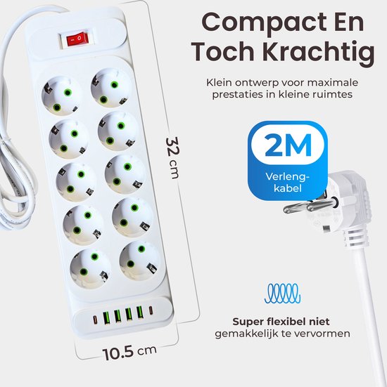 Multiprise blanche compacte avec 10 prises et 4 ports USB, dimensions 32 x 10.5 cm.