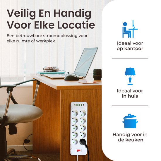 DynaBright Multiprise avec interrupteur - Câble d'extension de 2 mètres - 16 prises - Multiprise avec USB - Protection contre les surtensions - Wit