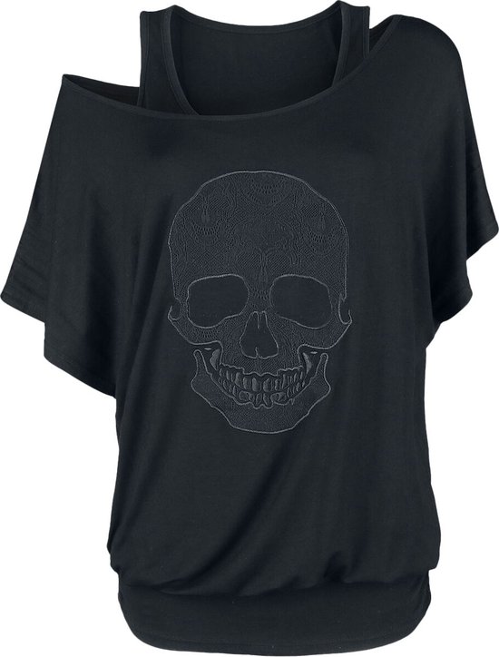 Zwart t-shirt met dubbellaagse look, losse mouwen en een gedetailleerde doodshoofdprint.