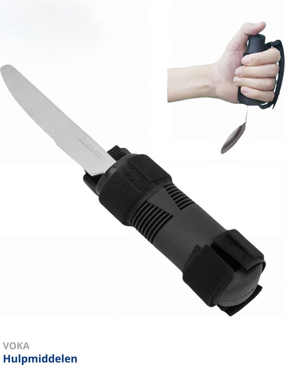 Bestek met bandje - Mes - Verdikt handvat - Verdikt bestek - Reuma - Aangepast bestek - Parkinson bestek - Comfortabele soft grip - Modern - Tril bestek - Grip bestek – Zwart