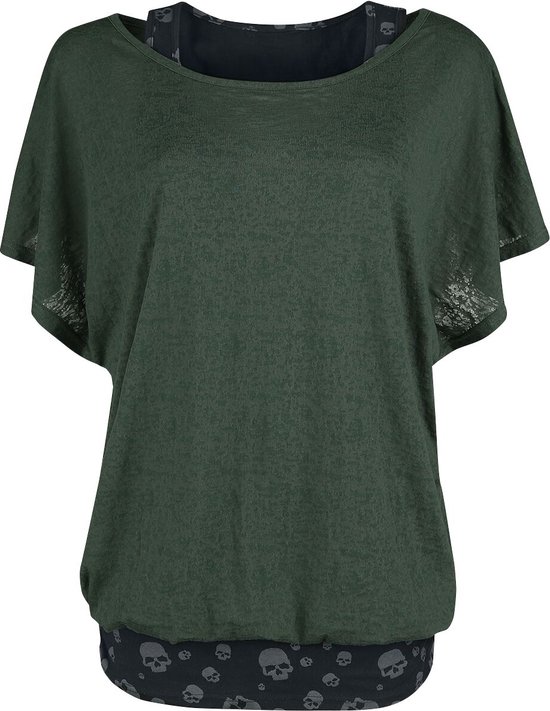 Black Premium by EMP Zwart-groen dubbellaags T-shirt met doodshoofdprint - Dames - 4XL