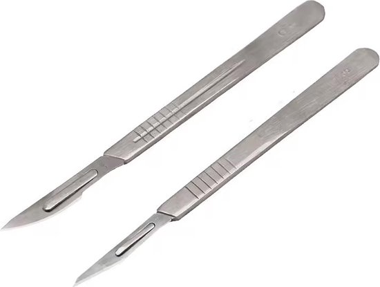 Twee zilverkleurige scalpelmessen met gedetailleerde handvatten op een witte achtergrond.
