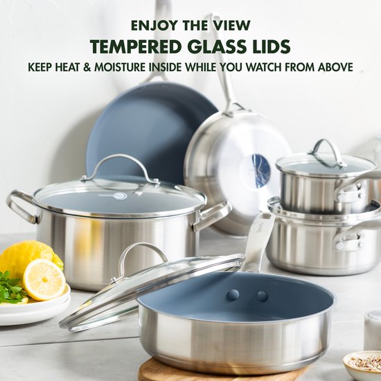 GreenPan Treviso Stainless Steel Healthy Ceramic Non stick 30cm Frying Pan with Lid, PFAS-Free, Hardened, Induction, Oven-Safe, Dishwasher Safe, Grey