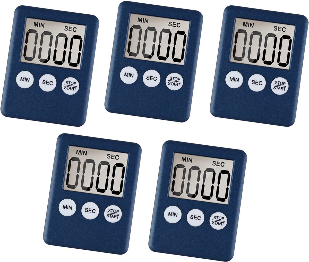 Set van 5 digitale timers, alarmklokken, donkerblauw